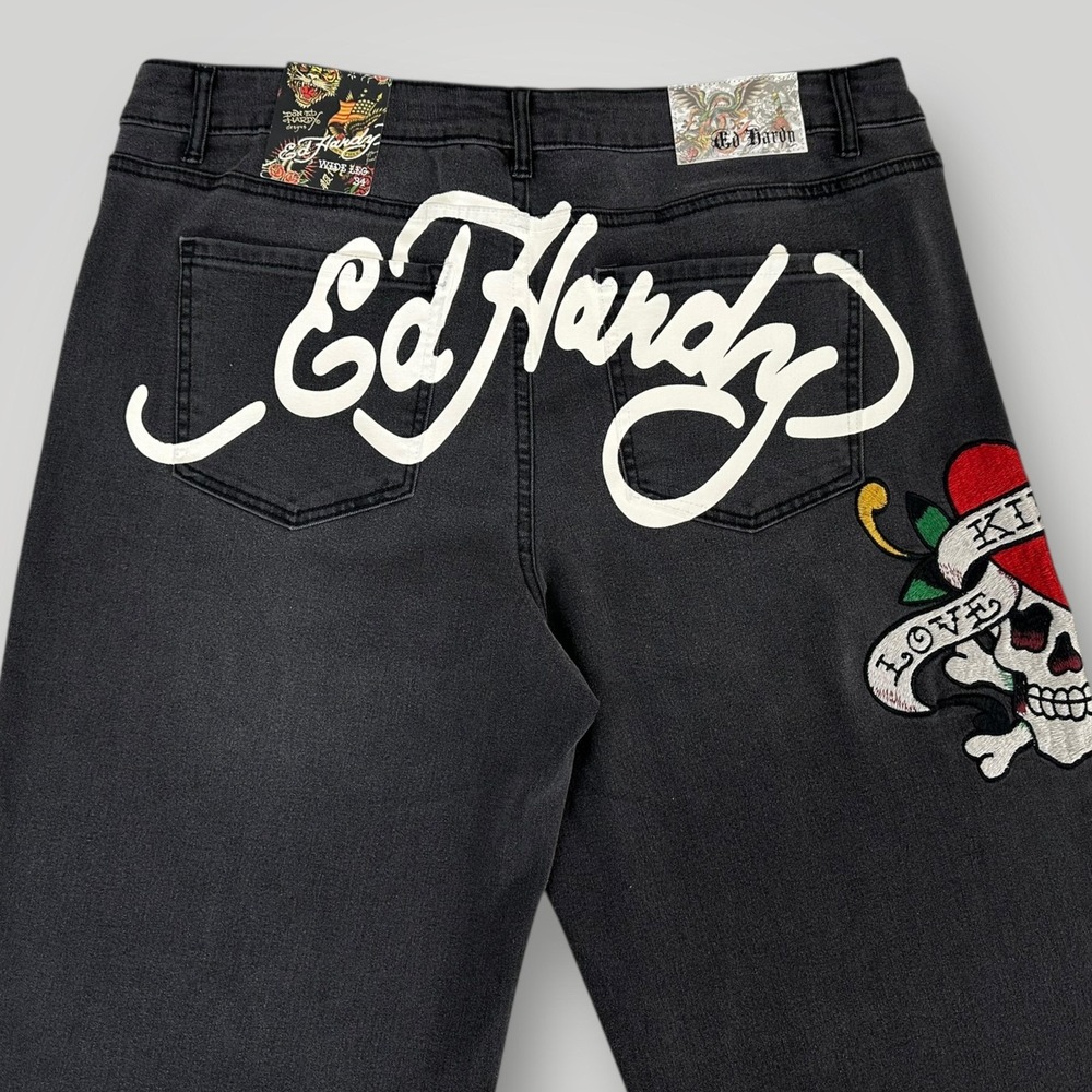 NEW Ed Hardy Jeans Womans 34‎ Faded Black Wide Leg Love Kills Slowly Embroidered